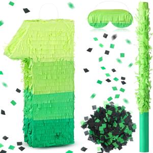 WinnerWhy Number Piata Decorations 16 Inch Gradient Green Piata with Blindfold Stick and Confetti for Birthday Baby Shower Safari Jungle Themed Party Supplies Centerpiece(Number 1)