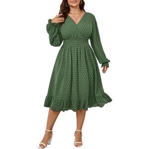 Women's Plus Size Fall Dress Long Sleeve V Neck Smocked Swiss Dot Flowy High Waisted A Line Ruffle Midi Dress (XL)