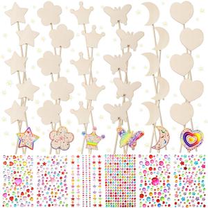 Cindeer 42 Pcs Princess Fairy Wands Kit, 36 Pcs Wooden Unfinished DIY Princess Wand with 6 Sheet Colorful Diamond Sticker for Girls Make Your Own Wand, Cosplay Costume Party Favor(Wood Color)