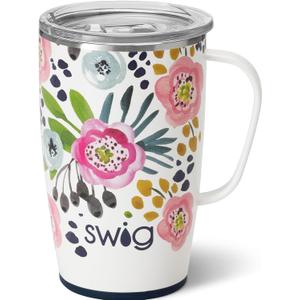 Swig Life 18oz Travel Mug, Insulated Tumbler with Handle and Lid, Cup Holder Friendly, Dishwasher Safe, Stainless Steel, Travel Coffee Cup (Primrose)