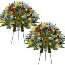 2 Pack 18" Lighted Outdoor Christmas Urn Filler with Remote & Timer, 60 LEDs Pre-lit Snowy Artificial Xmas Tree Planter Insert, Velvet Bows for Front Porch, Yard Decor(Olive Green)