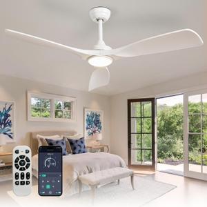 Outdoor Ceiling Fan with Light: 52 Inch 3 Blade Outdoor Fans for Patios - Modern White Ceiling Fan with Dimmable Light Remote APP Control Ultra Quiet Reversible DC Motor Timer