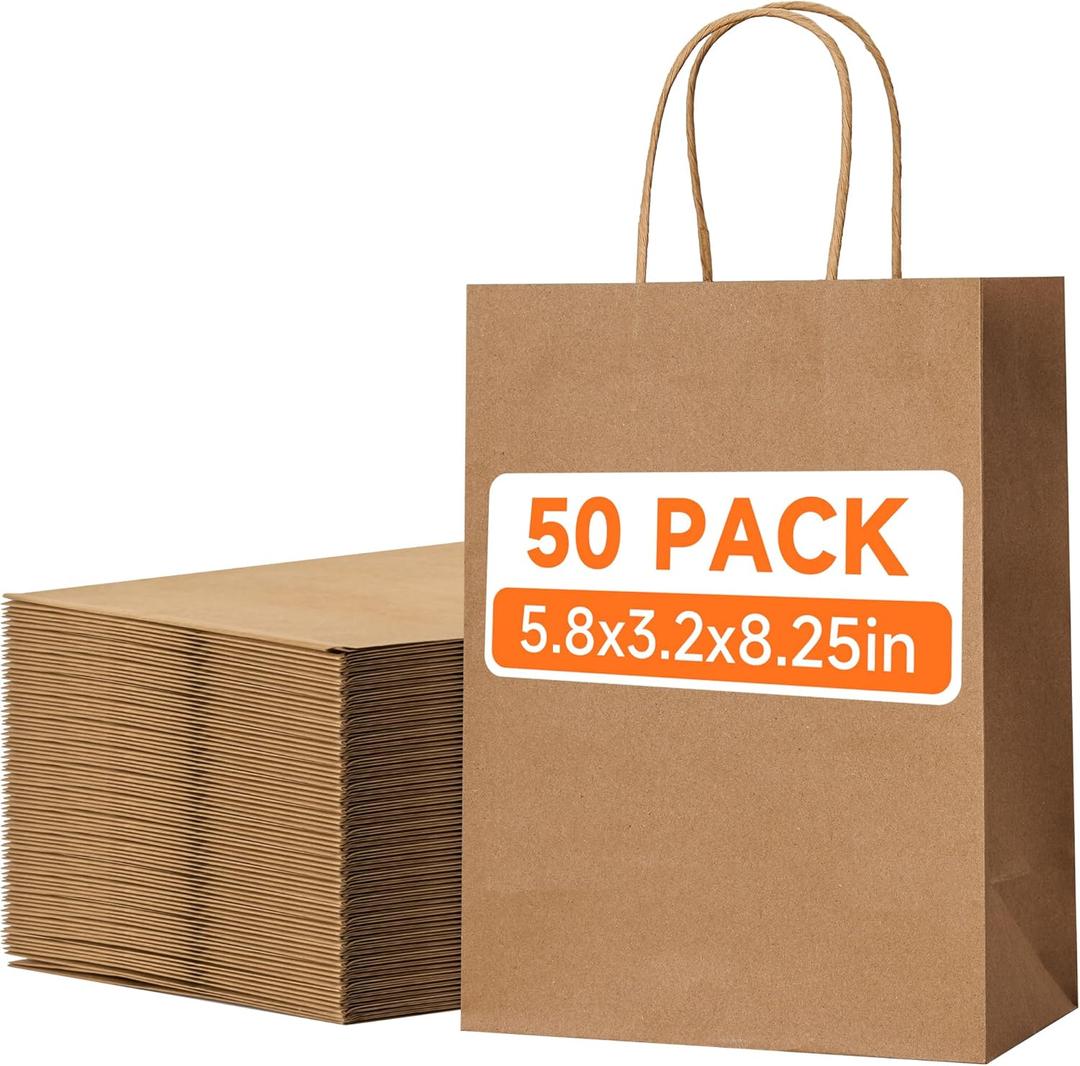 50 Pack Small Brown Paper Gift Bags with Handles, 5.8"x3.2"x8.25" Kraft Paper Gift Bags for Retail, Birthday Parties, Shopping, Versatile Craft Bags & Goodie Sacks