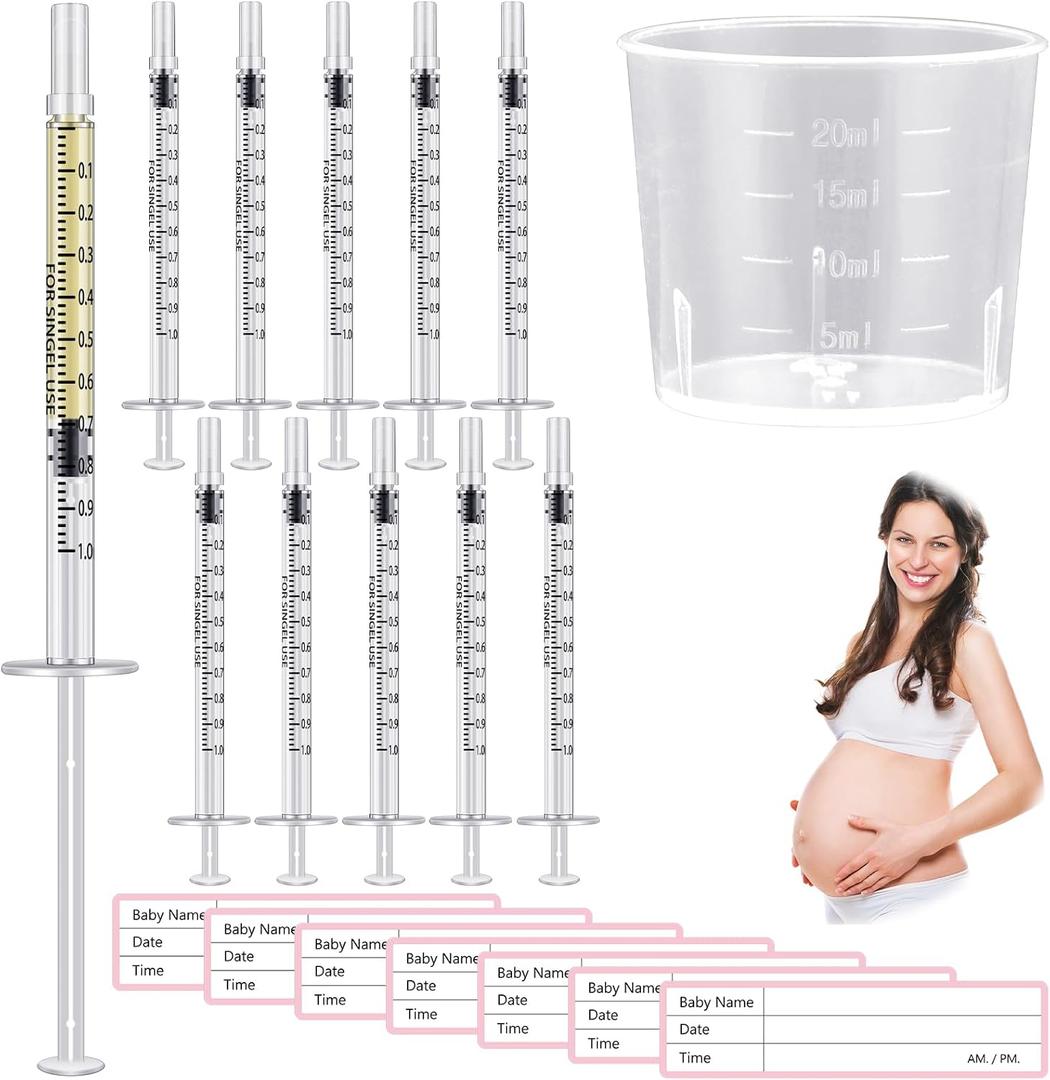 Trelaco Colostrum Collector Kit Include Sterile Sealed Breast Milk Syringes with Caps, No Needle Colostrum Syringes Stickers 1 Measuring Cup Harvesting Collection for Breastmilk (50 Sets,1 ml)
