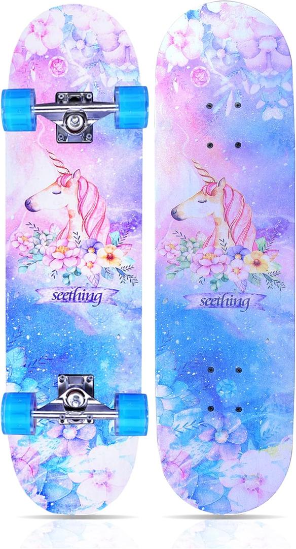 Skateboards for Beginners Kids Boys Girls and Adults,31''x8'', 7-Layer Maple, Double Kick Concave, Fascinating Cool, Solid&Durable (Pink Unicorn)