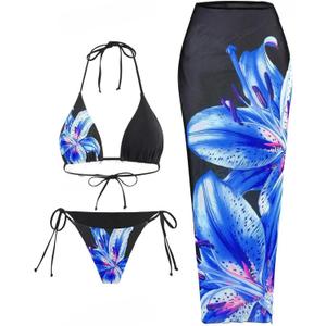 ZAFUL Womens 3pcs Swimsuit Floral Halter Triangle Bikini Top Tie Side Bottom with Long Sheer Cover Up Skirt (Small, 0-blue)