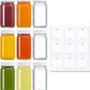 9 Pack 2 oz Glass Shot Bottles w/ White Lids & 9 Labels - Small Clear Jar for Ginger, Wellness Shot, Juice, Sample, Whiskey - Travel Essentials Mini Bottles - Wide Mouth, Leakproof, Dishwasher Safe