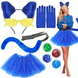 Pete Blue Cat Costume Accessories for Woman with Cat Ears Headband Pin Skirt Furry Tail Gloves for Halloween Book Character Day