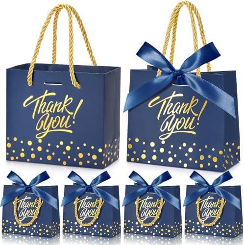 EQOREIIN Small Thank You Gift Bags 50pcs 5.5x2.5x4.7 Inches Small Gift Bags with Handles Bow Ribbon Blue Paper Bags for Party Favor, Mother's Day，Valentine's Day, Wedding, Baby Shower (Blue)