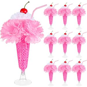 VAIPI 10 Sets 50's Soda Shop Party Decor 1950s Party Decorations Include 50 Artificial Carnation Flowers 10 Soda Glasses 10 Straws 10 Cherries for Valentine's Day Table Centerpieces (Pink)