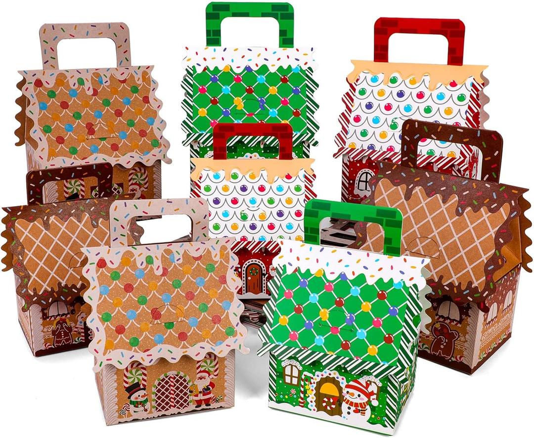 HOWAF 24Pcs Christmas Kraft Paper Gift Boxes, Candy House Shape Treat Boxes with Handle Xmas Gingerbread House Candy Boxes for Christmas Birthday Winter Holiday Party Supplies Favor Decorations