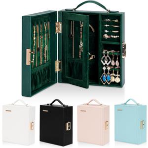 Travel Jewelry Case, Essentials for vacation, Portable Bangle Box with Mirror, PU Leather Small Watch Organizer for Rings, Earrings, Necklaces, Bracelets (Dark Green)
