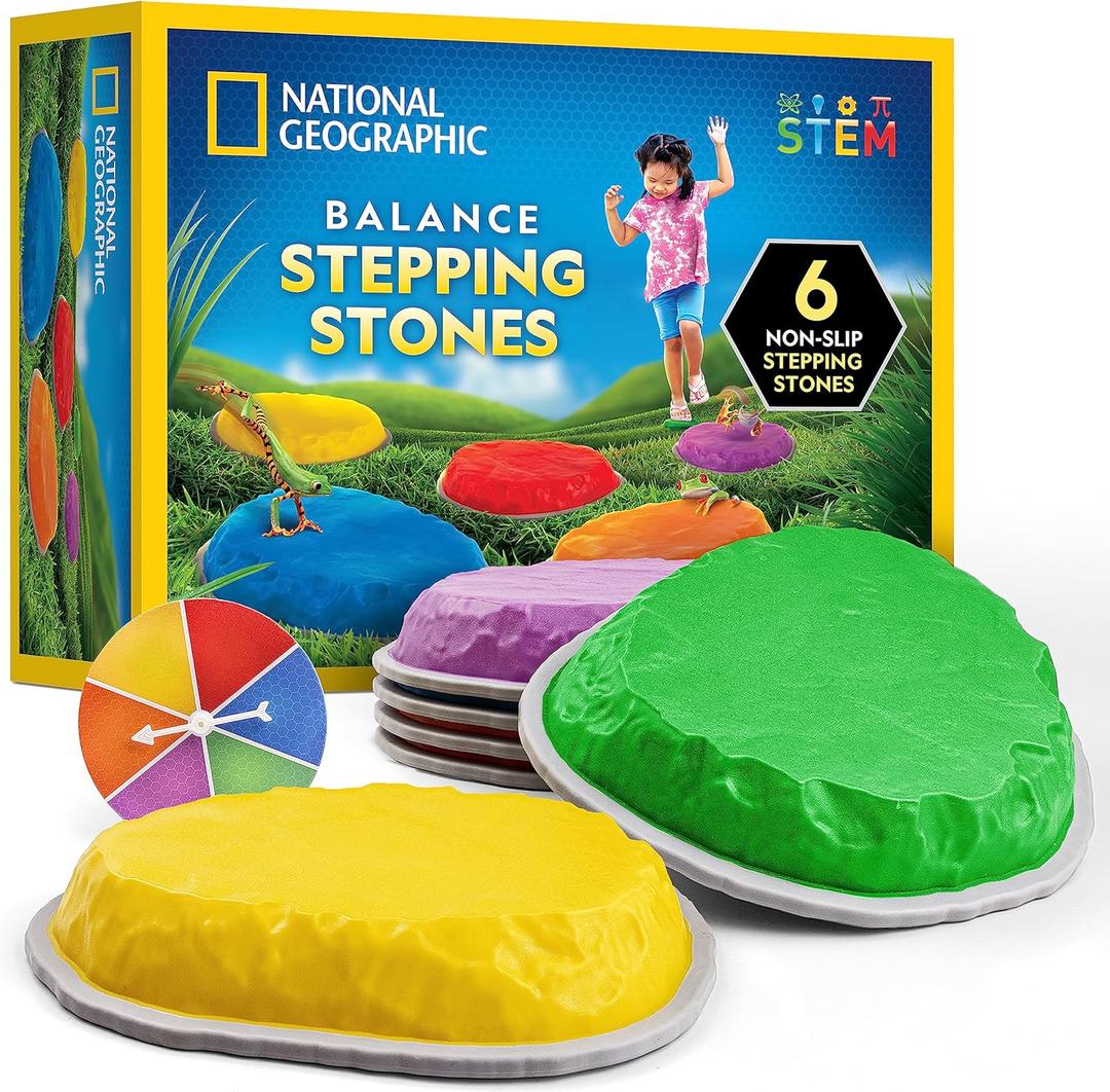 NATIONAL GEOGRAPHIC Stepping Stones for Kids 6 Durable Non-Slip Stones Encourage Toddler Balance & Gross Motor Skills, Indoor & Outdoor Toys, Balance Stones, Obstacle Course 