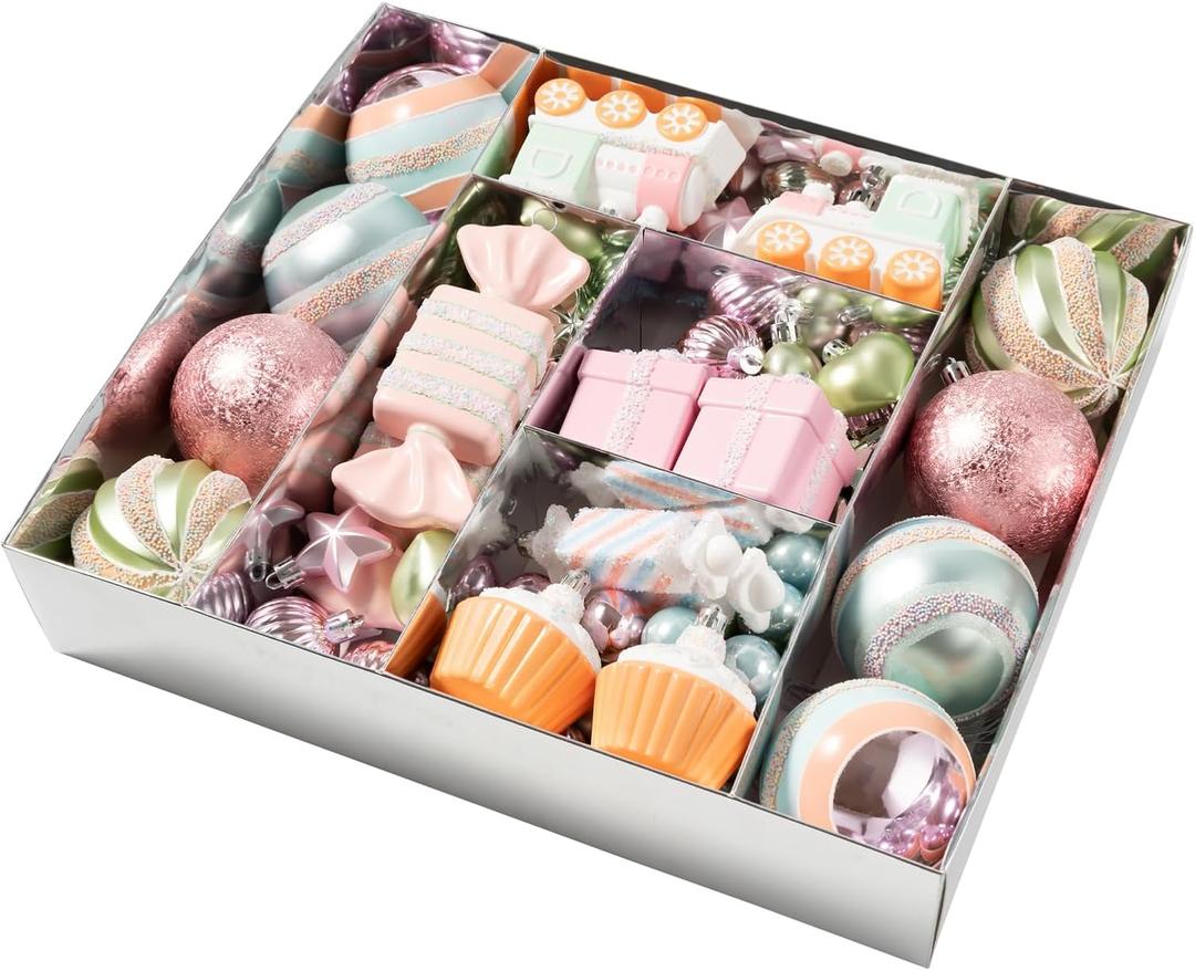 80PCS Pastel Christmas Ornaments Set, Assorted Colorful Candy Cake Giftbox Christmas Balls Ornaments, Shatterproof Xmas Baubles Hanging Decorations for Christmas Tree/Party/Holiday (Style 1)