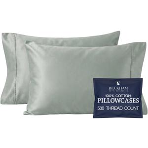 Beckham Hotel Collection Pillowcases Queen Size Set of 2, Cool Touch Cotton Sateen Fabric, 500TC, Silky Smooth & Soft, Open End, Aqua Gray