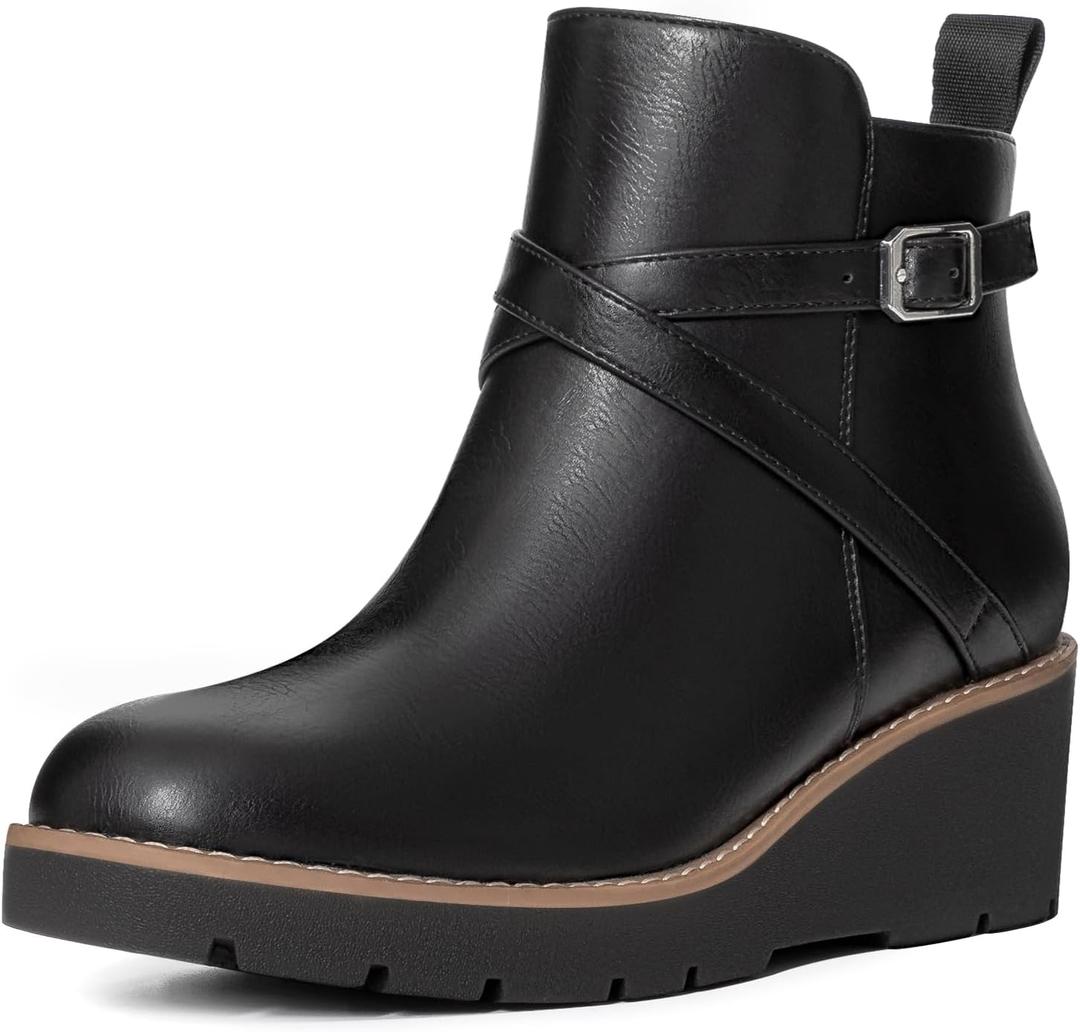 Athlefit Women's Wedge Ankle Boots Fashion Platform Lug Sole Buckle Short Booties with Side Zipper (6, Black)