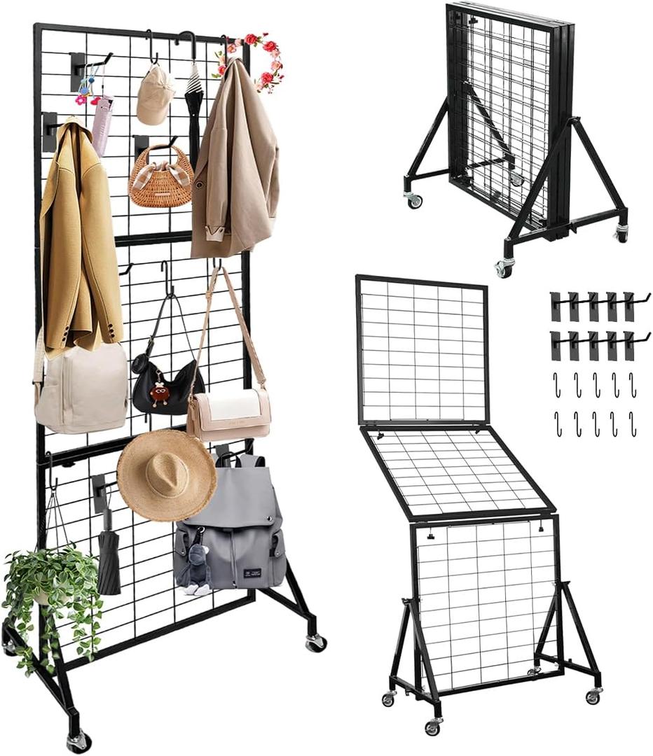 Heavy Duty Foldable Grid Wall Panels Display Stand 6FT x 2FT, 1-Pack Grid Panel Wire Grid Display Rack with Braked Wheels & 20 Hooks, No Tools Setup Gridwall for Art Fairs, Craft Shows & Home Storage