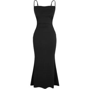 Milumia Women's Sexy Sleeveless Spaghetti Strap Ruched Maxi Slip Dress Long Bodycon Fishtail Dress (Medium, Black)