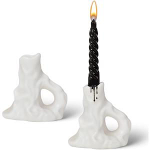 Set of 2 White Ceramic Taper Candle Holders - Modern Minimalist Sculptural Hand-Finished Candlesticks | Elegant Aesthetic Decor for Dining Table, Mantel, Home| RUXRQPJ