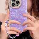 Compatible with iPhone 15 Pro Case for Women Girls, Slim Fit Stylish Cute Phone Case for iPhone 15 Pro with Flower Phone Charm Lanyard Wrist Strap, Hard Protective Case 6.1 Inch Purple Marble