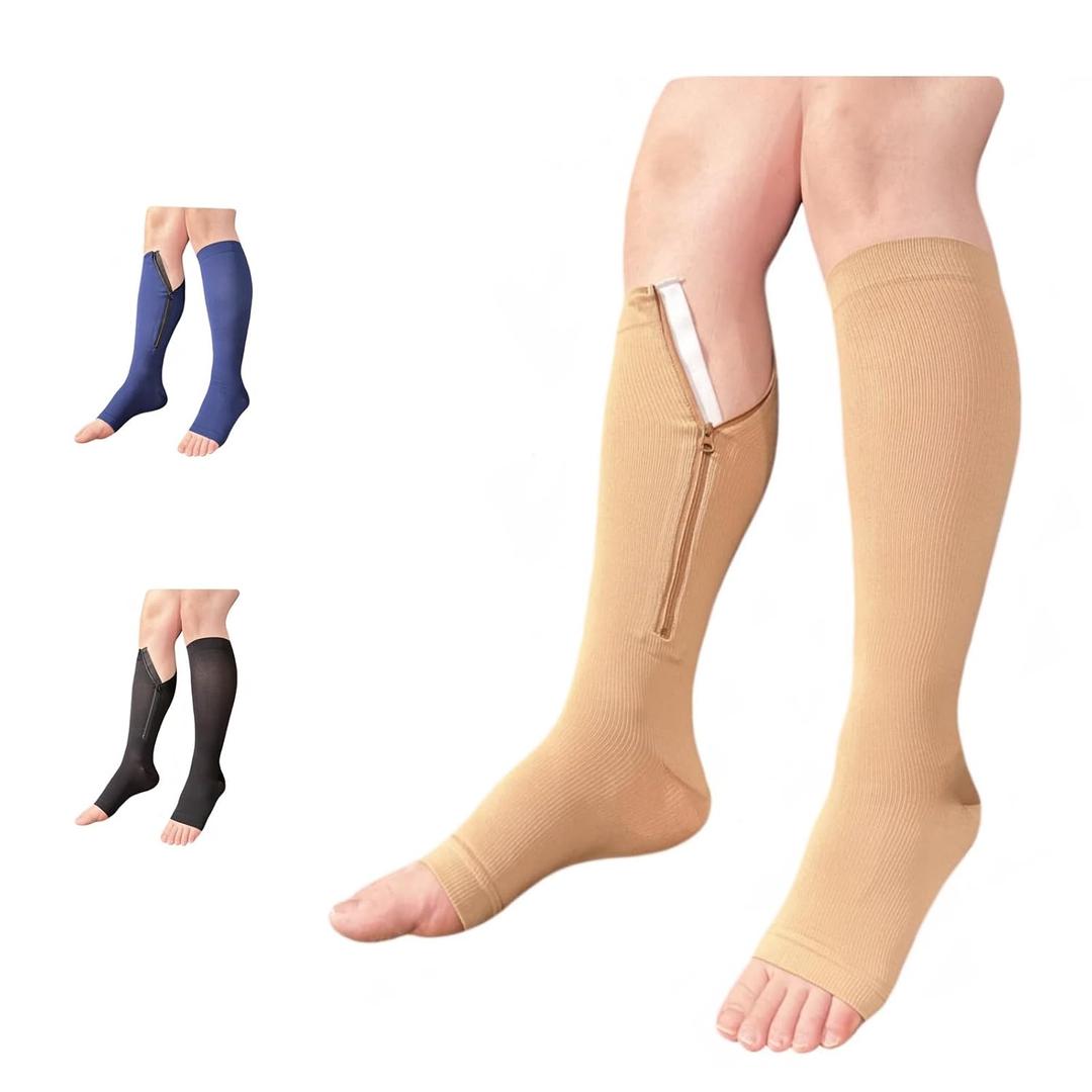 8-15 mmHg Compression Grade 0 Calf Inside Leg Zipper Open Toe Socks (Beige, 3X-Large)