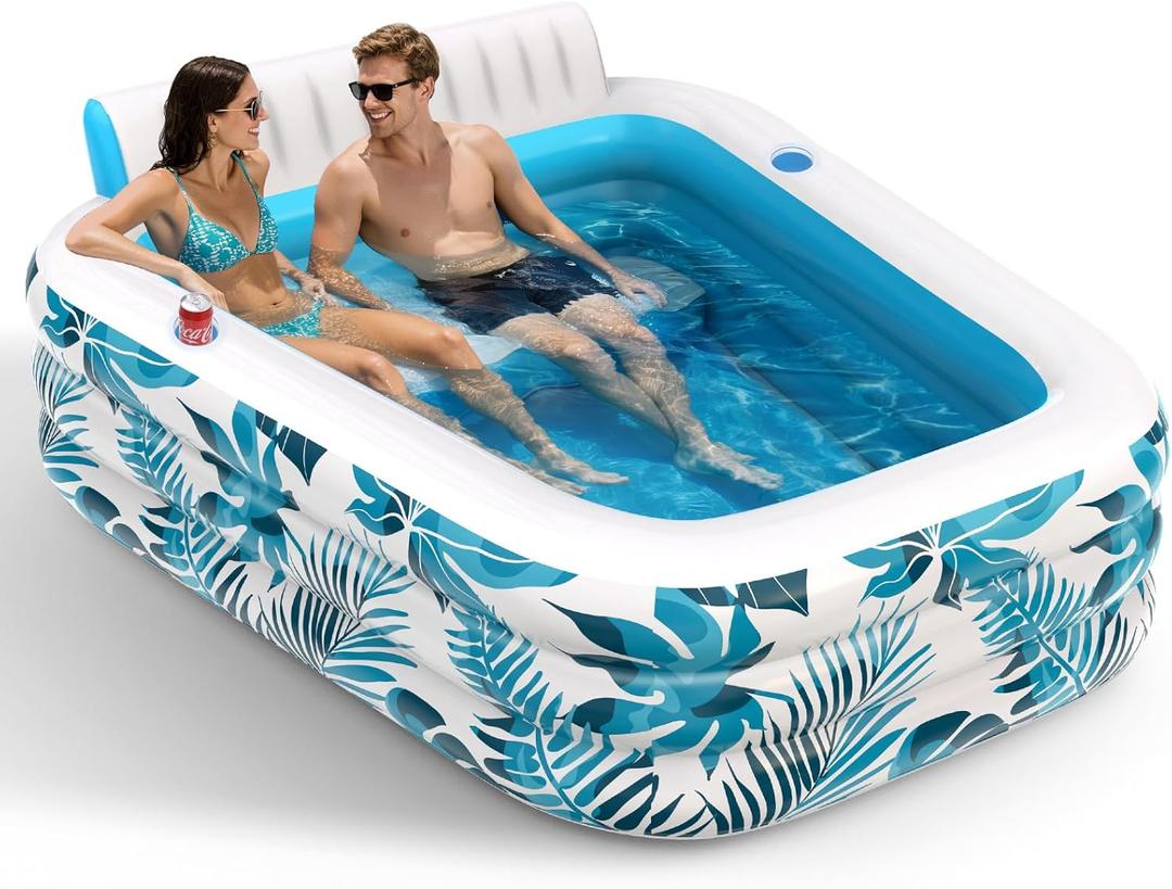Inflatable Pool for Adults,Blow Up Pools with Backrest & Cup Holders XL Thickened Outdoor Family Spa Tub Kids Cool Swimming Pool for Backyard, Beach, Summer Water Parties