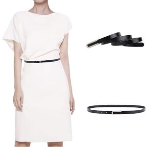 Women's Belt Fashion Skinny Slim Soft Genuine Leather Belts Waistband Thin Waist Belt Silver Chrome Color Alloy Buckle (Black)