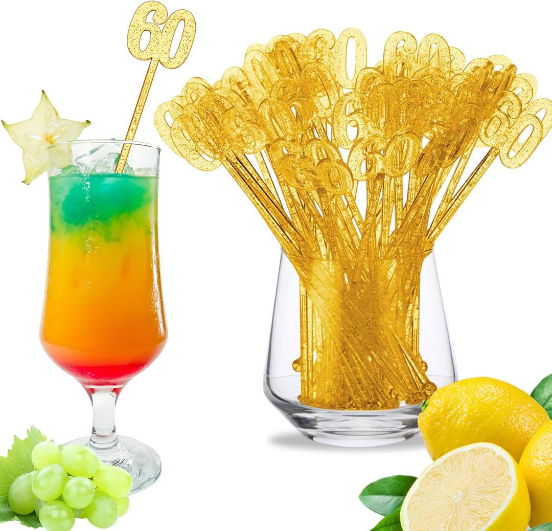 100 Pcs 60th Birthday Drink Stirrers Gold Glitter Cocktail Stirrers Plastic Swizzle Sticks 7.5 Inch Birthday Cupcake Toppers Drink Sticks Bulk for Coffee Bar Cake Pops Party Favor
