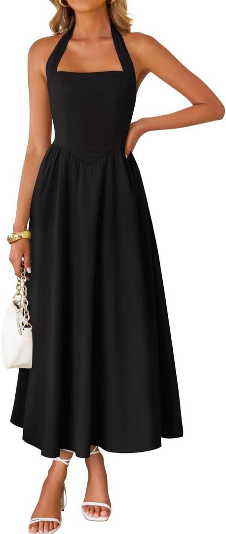 ZESICA Women's Summer Sleeveless Halter Midi Dress 2026 Off Shoulder High Waist Flowy Formal Wedding Guest Long Dresses (Black, S)