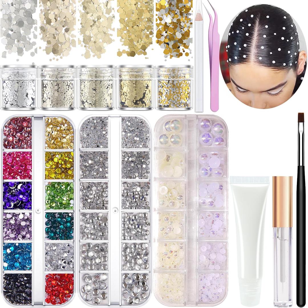 Hair Face Gems Rhinestones with Makeup Glue, Flat Back Colorful Jewels Crystal Half Round Pearl Gold Holographic Glitters Sequins Kit, Wax Pencil Tweezer and Brush For Face Eye Hair Body Makeup