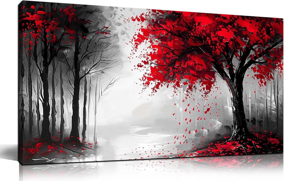 Large Canvas Wall Art for Living Room Black White and Red Tree of Life Print Pictures Painting Framed Wall Decor for Bedroom Modern Home Forest Scenery Wall Decorations Artwork Size 20x40 Ready to Hang (40L" x 20W")