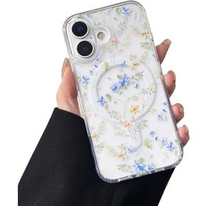 ZTOFERA for iPhone 16 Magnetic Case Compatible with Magsafe,Aesthetic Floral Pattern Design Cute for Girl Women,Anti-Drop Protective Hard Phone Cover for iPhone 16-Blue Flower