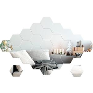 Jetec 32 Pcs Hexagon Mirror Wall Stickers Removable Silver Acrylic Mirror 2 x 3.4 x 4 Inch Stickers Honeycomb Decals for DIY Home Art Bedroom Living Room Wall Decoration