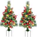 GUOOU Set of 2 Pathway Christmas Tree Urn Filler, Lighted Artificial Mini Xmas Trees with Lights, Outdoor Christmas Decorations for Porch, Driveway, Yard (5 Pine Cones)