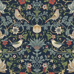 FunStick Navy Blue Floral Wallpaper Peel and Stick Vintage William Morris Green Leaf Bird Red Strawberry Victorian Wallpaper for Bathroom Waterproof Floral Contact Paper for Walls Cabinets 17.5"x118"