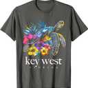Key West Beach Florida Turtle Flowers Surfer Souvenir T-Shirt, Size L