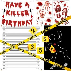 Halloween Crime Scene Decorations Kit Have A Killer Birthday Banner Body Silhouette Crime Scene Tape Evidence Markers Mugshot Backdrop for Detective Murder Mystery Dexter Party Decorations