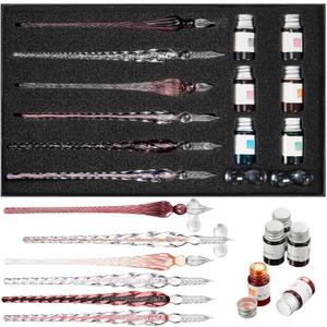 Zonon Glass Dipped Pen Ink Set 14 Pcs Crystal Signature Calligraphy Include 6 Pcs Glass Dip Pen 6 Colorful India Ink and 2 Holder for Art Writing Gift(Purple Pink Color System)