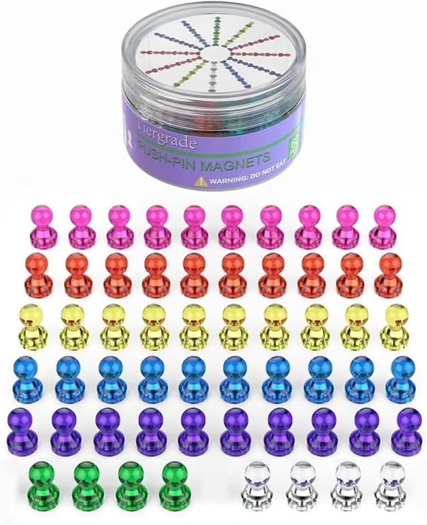 Tiergrade Push Pin Magnets - 58 Pack 7 Assorted Color Strong, Office, Use at Kitchen Home and School Classroom, for Refrigerator Dry Erase Board and Whiteboard