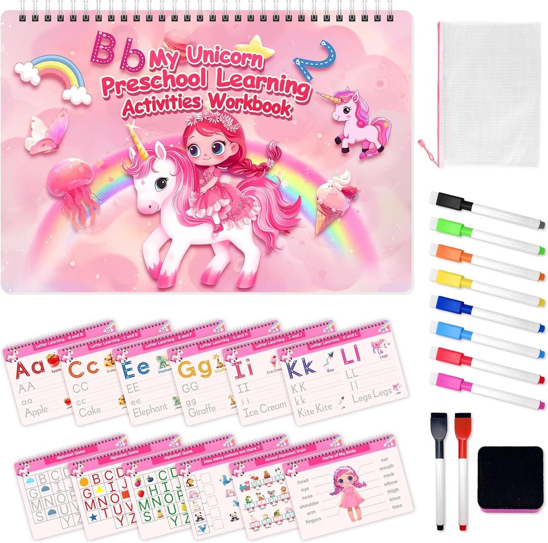 Preschool Learning Activities Workbook, Unicorn Tracing Books for Kids, Pre K Toddler Writing Practice Learning Resources, Montessori Handwriting Practice Educational Toys Gifts for Girls Age 3-6 yrs old 