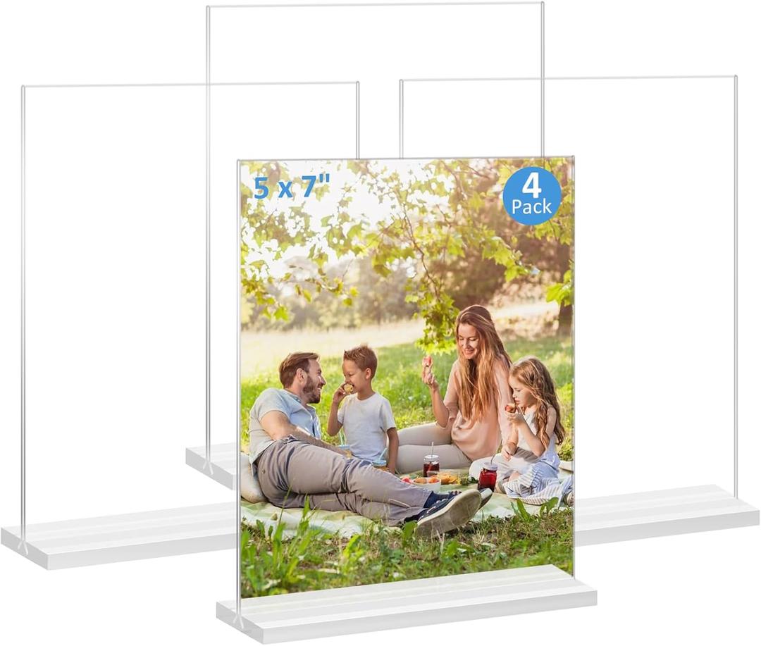 Acrylic Picture Frame 5x7 inches, 4 Pack Clear Plastic Picture Frames Holder Standing, Double Sided Picture Desktop Display for Photo Home Office -Vertical