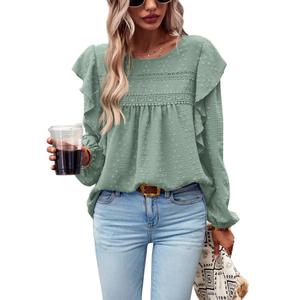 PRETTYGARDEN Women's Long Sleeve Blouses Ruffle Swiss Dot Crochet Loose Fit Tunic Dressy Casual Tops Shirts Spring Fashion 2026 (Fruit Greenack XS) (Green, XS)