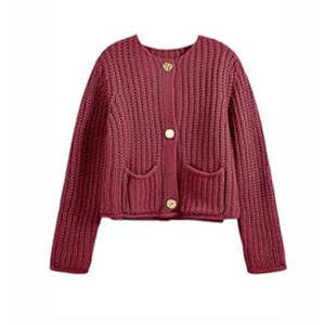 Saodimallsu Womens Button Up Sweaters Fall Chunky Knit Cropped Trendy Crewneck Loose Cardigan with Pockets (Medium, Red)
