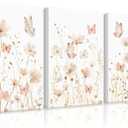 Pink Boho Floral Wall Art Vintage Nursery Wildflower Canvas Wall Decor Watercolor Flower Prints Pink Botanical Poster Butterfly Pictures Gold Floral Painting for Bedroom 16x24 Inch Ready to Hang 3pcs