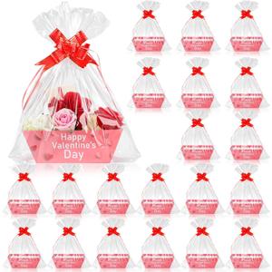 Kosiz 54 Pcs Valentines Day Baskets Gifts Empty Includes 18 Pack Valentines Empty Market Tray Cardboard Basket Clear Cellophane Bags Gift Tags Pull Bows for Holiday Birthday Party Supplies