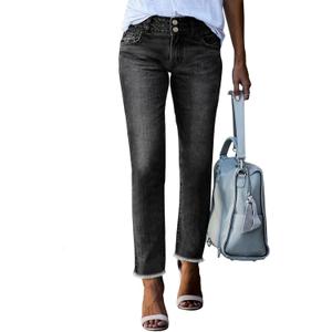 Sidefeel Women's High Waisted Jeans Strechy Fashion Raw Hem Straight Leg Ankle Denim Pants with Pockets (Black, XS)
