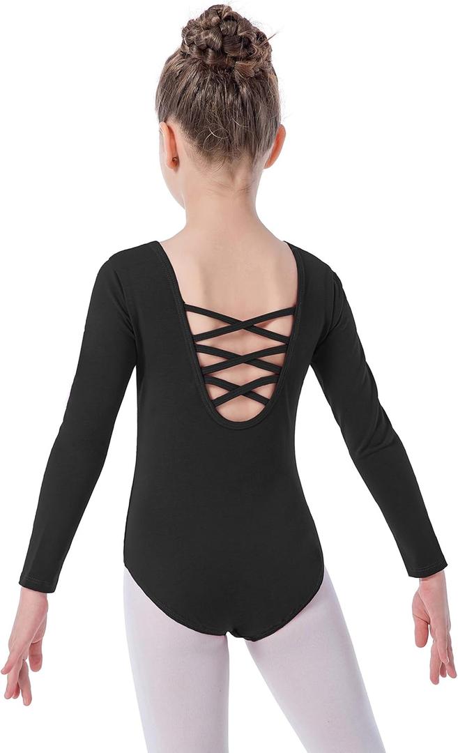 MOLLDAN Girls Long Sleeve Ballet Leotards Crisscross Straps Back Dance Tops (10-12 Years, Black)