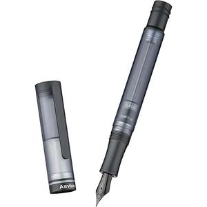 Asvine V200 Titanium Fountain Pen Vacuum Filling, Matte Black Medium Nib Clear Demonstrator Acrylic with Pen Case and Wrench