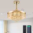 36" Retractable Chandelier Ceiling Fan with Lights, Crystal Dimmable Fandelier Ceiling Fan with Light and Remote for Bedroom Living Room,Gold