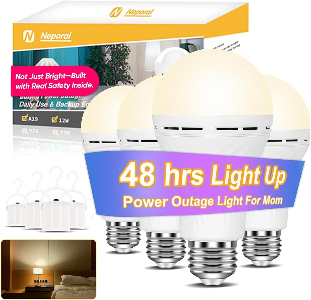 Neporal LITE Emergency Rechargeable Light Bulbs A19, Light Up to 48 hrs, Battery Operated Light Bulb, 5000K E26 LED Bulb, Emergency Lights for Home Power Failure (Soft White-4PK, 12, Watts)
